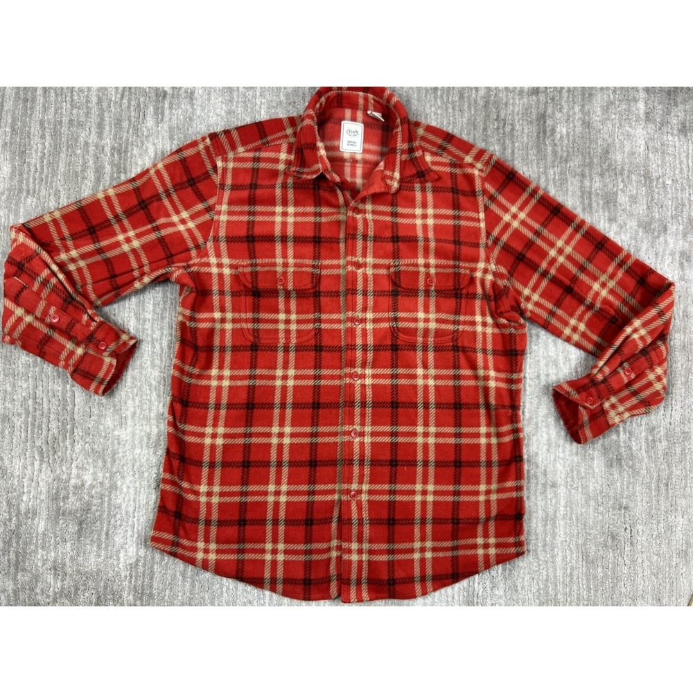Chaps Mens Shirt Medium Red/Orange Plaid Micro Fleece Long Sleeve Button Up